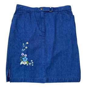 Talbots Petite Denim Skirt Floral Embroidered A-line Size 14‎